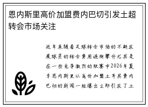 恩内斯里高价加盟费内巴切引发土超转会市场关注 恩内斯里高价加盟费内巴切引发土超转会市场关注