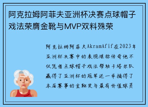 阿克拉姆阿菲夫亚洲杯决赛点球帽子戏法荣膺金靴与MVP双料殊荣